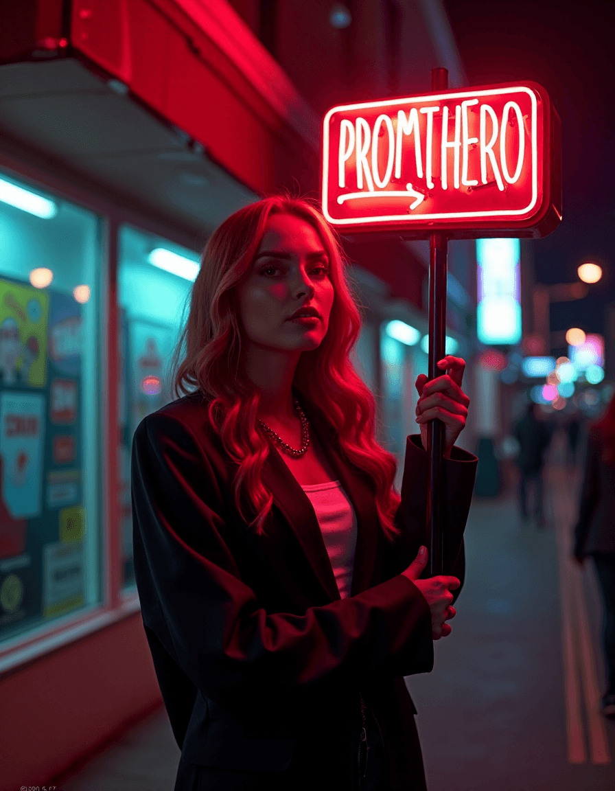 AI generated: Lana Del Ray Holding a "PROMTHERO" neon sign, night street, cyberpunk