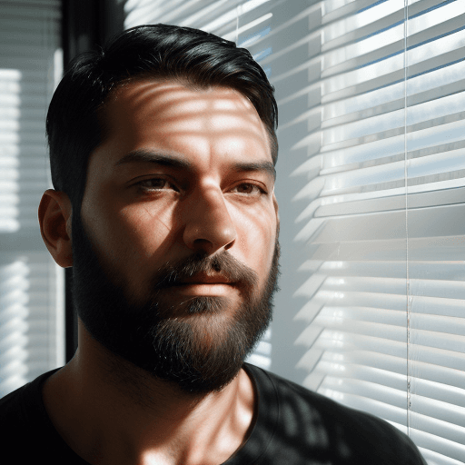 AI generated: breathtaking man, short black hair, beard, extreme close-up, dark room, window with blinds, sunlight...