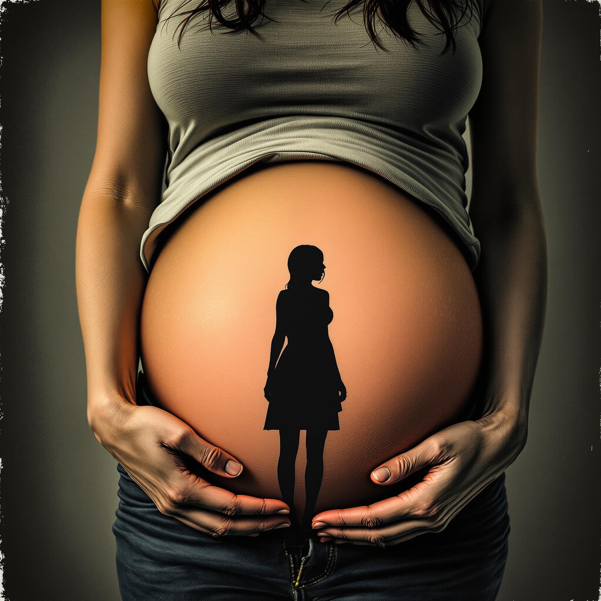 AI generated: A skinny college girl with a big round bloated distended belly. A person’s silhouette seen insider b...