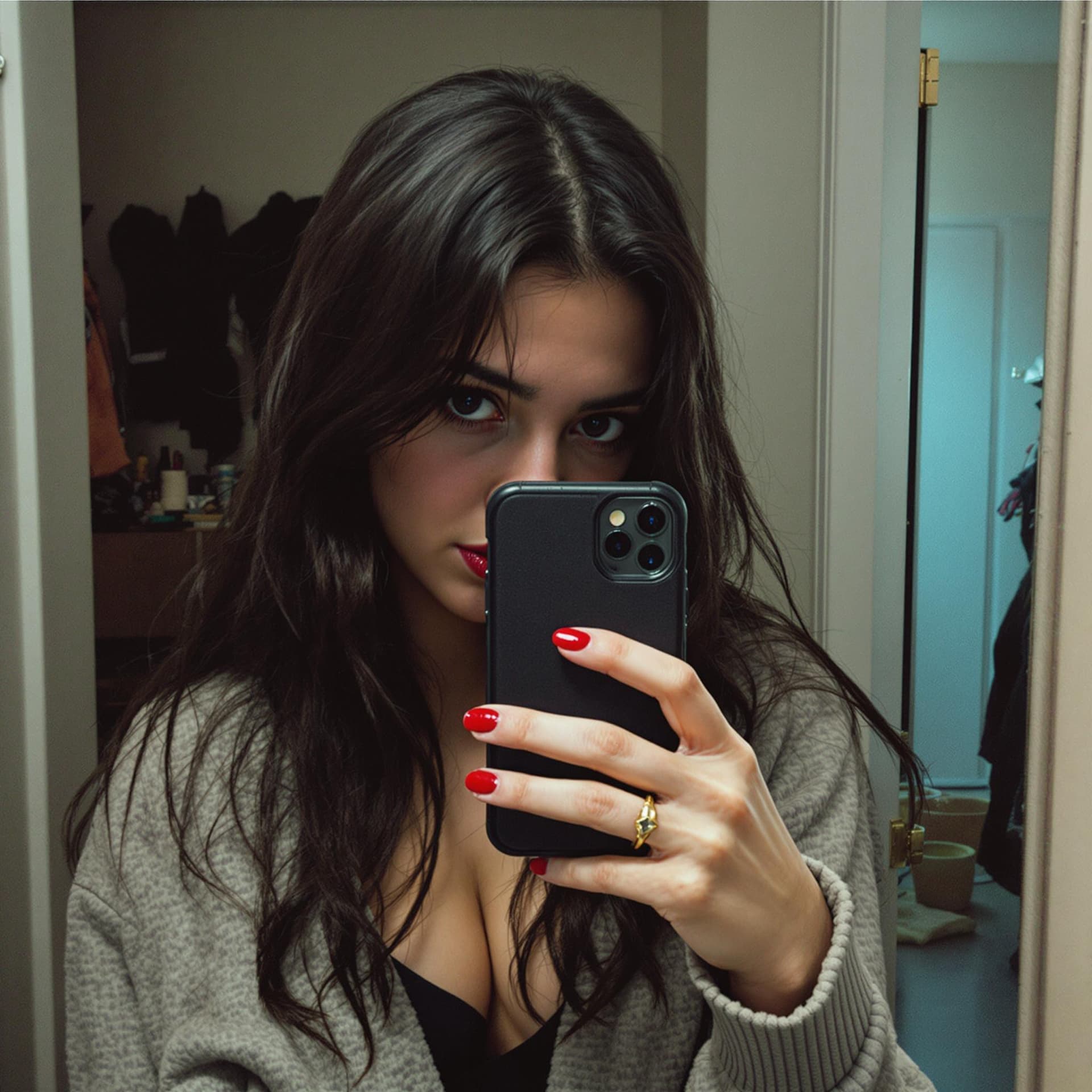AI generated: low quality phone photo, , a girl realistic, atracttive, alone, indoor, selfie mirror photo, darker ...