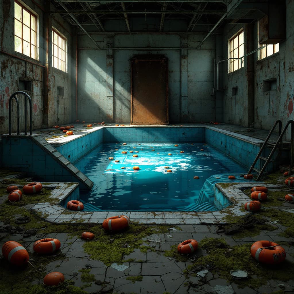 AI generated: Illustration of a large bath in a dilapidated abandoned swimming pool with its huge rusty diving boa...