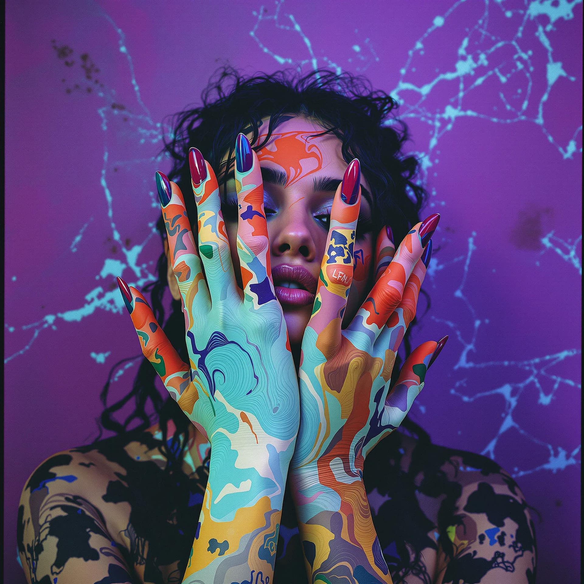 AI generated: there is a woman with many fingers in front of a purple wall, in the style of psychadelic surrealism...