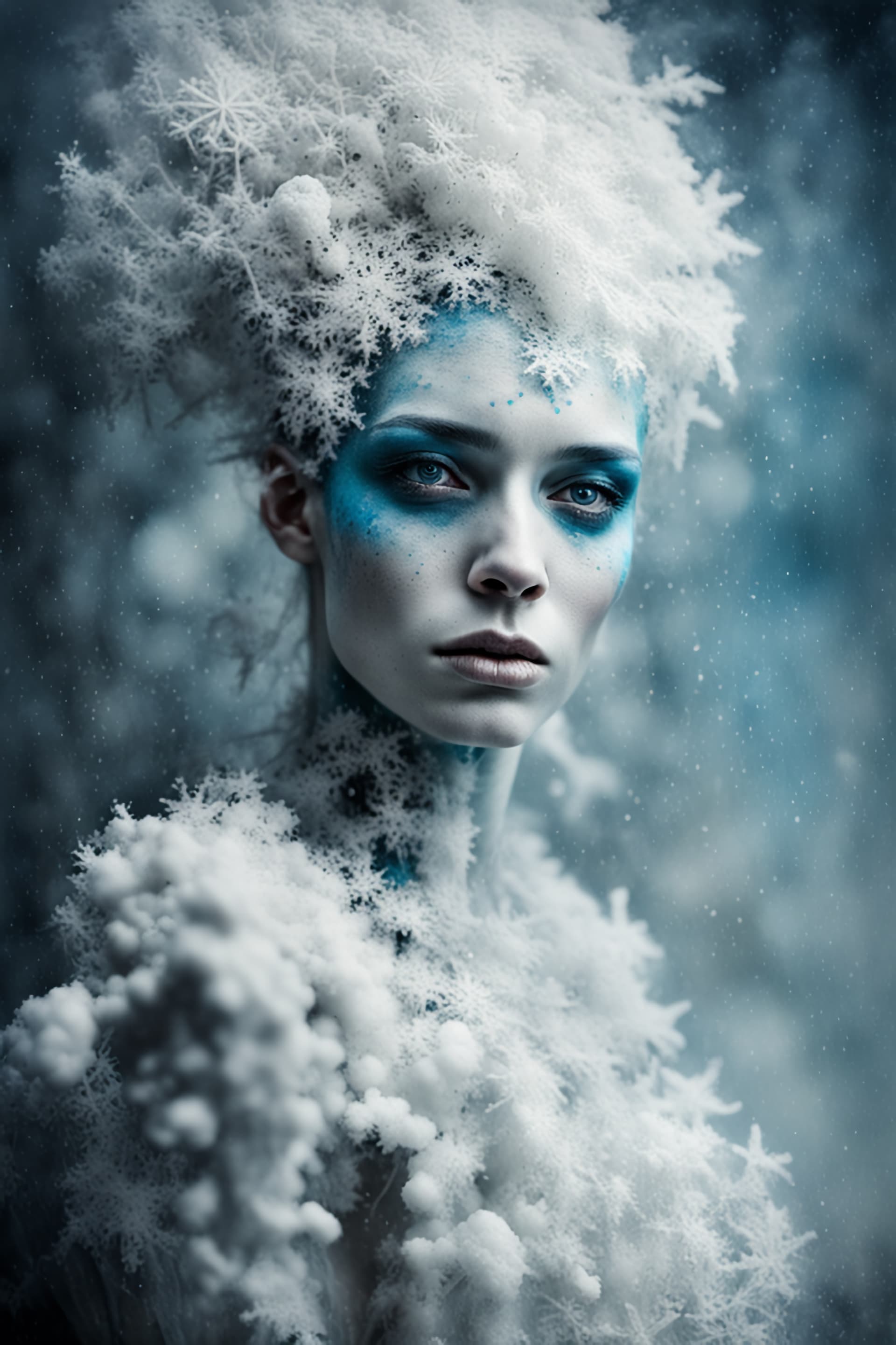 AI generated: By Eric Lacombe By Patrice Murciano Frostpunk Fashion Photography, white glacial blue, minimalism, s...