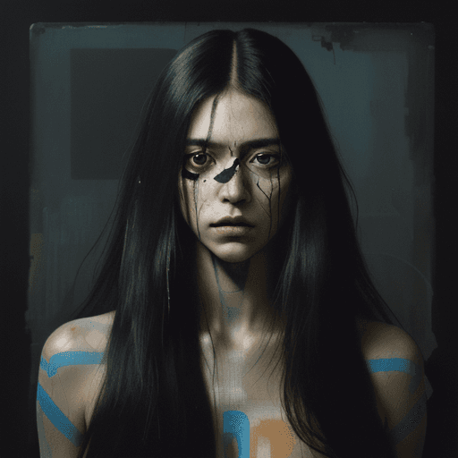 AI generated: portrait of a determined woman with long hair, gritty, digital ui, abstract blocks, by Gustav Klimt,...