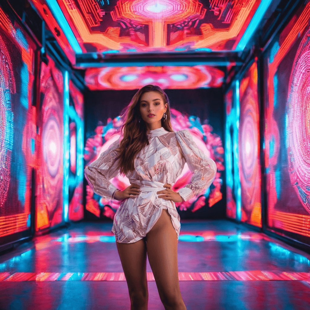 AI generated: random neon patterns surrounding a white girl, hyper detail, cinematic lighting, Canon-EOS-R3, 8K, R...