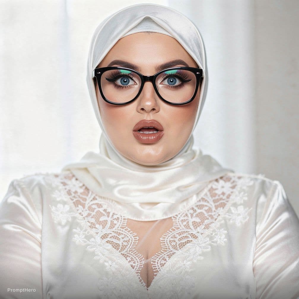 AI generated: ((woman is wearing bright white-hijab:1.6)), sexy cute face, surprised orgasm face, 28 years old rom...