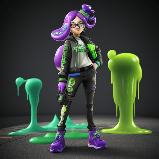 AI generated: splatoon 3 character model, street style, unreal engine 5, green slime melt, blue and purple and yel...