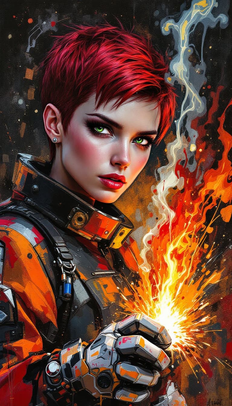 AI generated: "Ruby Pyrotechnician in a Blazing Crucible": A powerful abstract painting captures a pyrotechnician,...