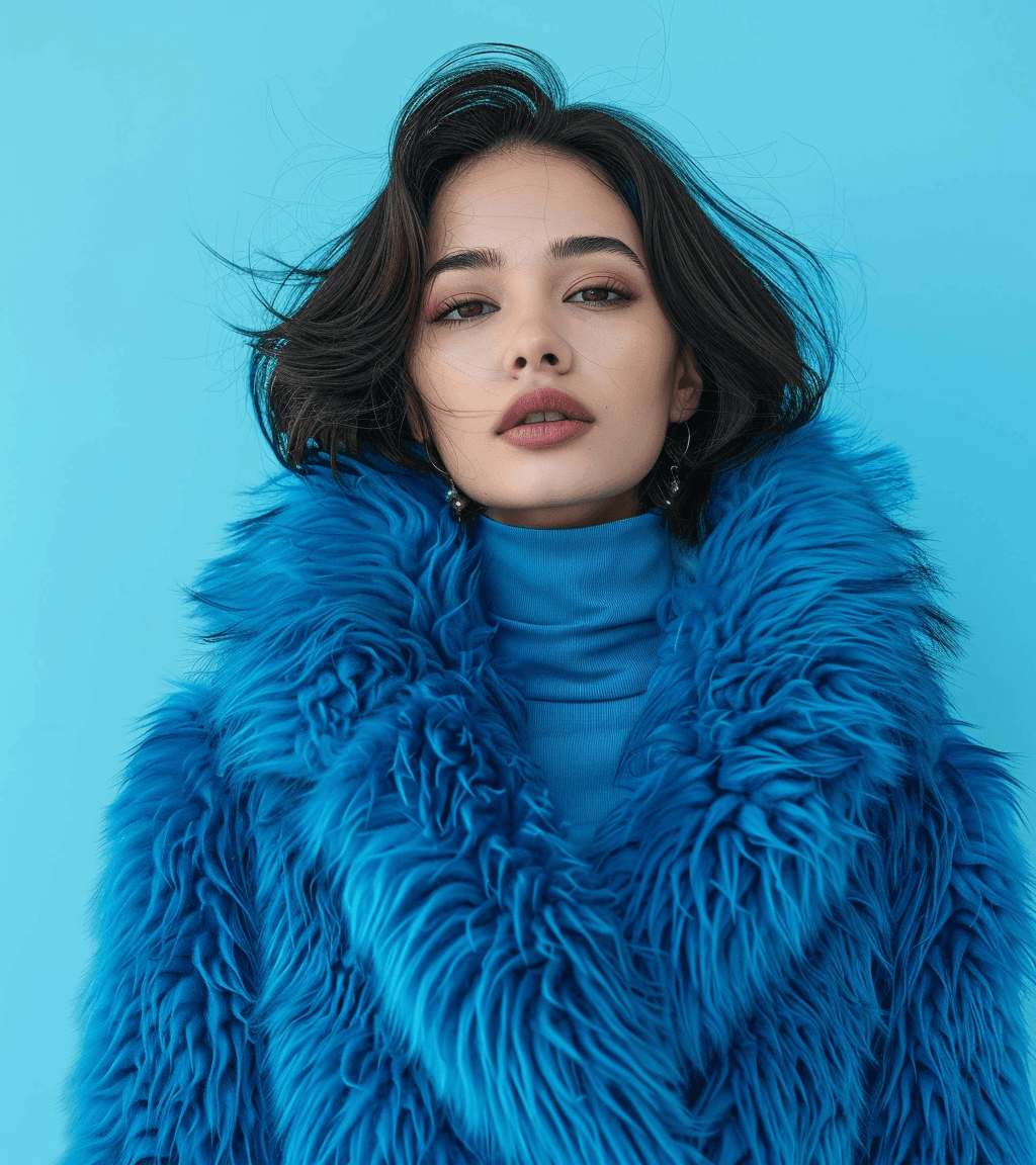 AI generated: a woman in a blue fur coat for a magazine, in the style of playful poses, 8k, soft color blending, e...