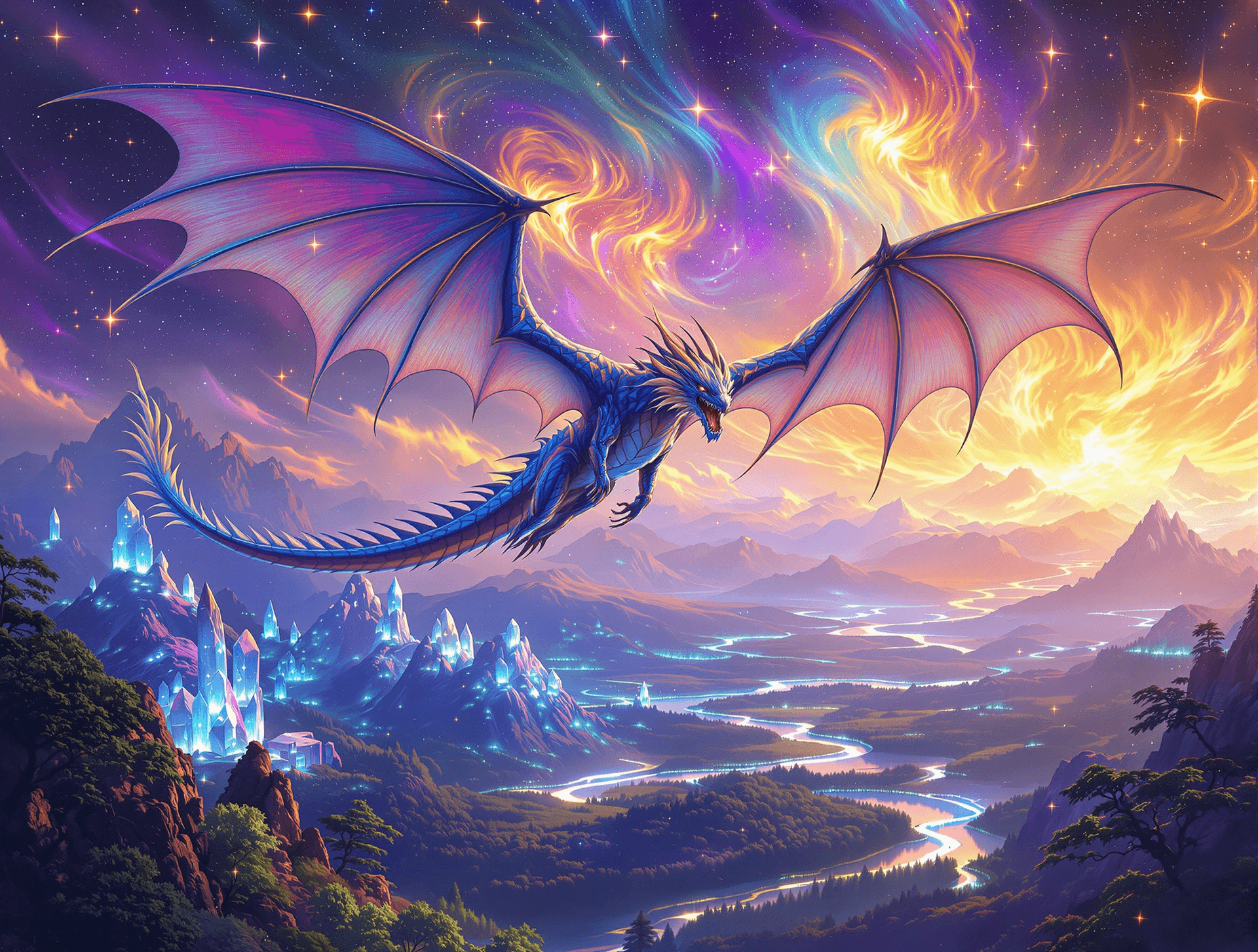 AI generated: an epic fantasy scene featuring a mighty dragon soaring majestically through a vibrant, otherworldly...