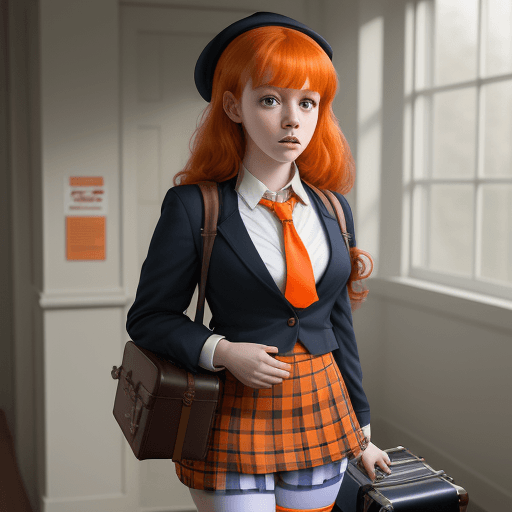 AI generated: masterpiece, mid shot, arafly dressed woman with orange hair and a suitcase, a portrait inspired by ...