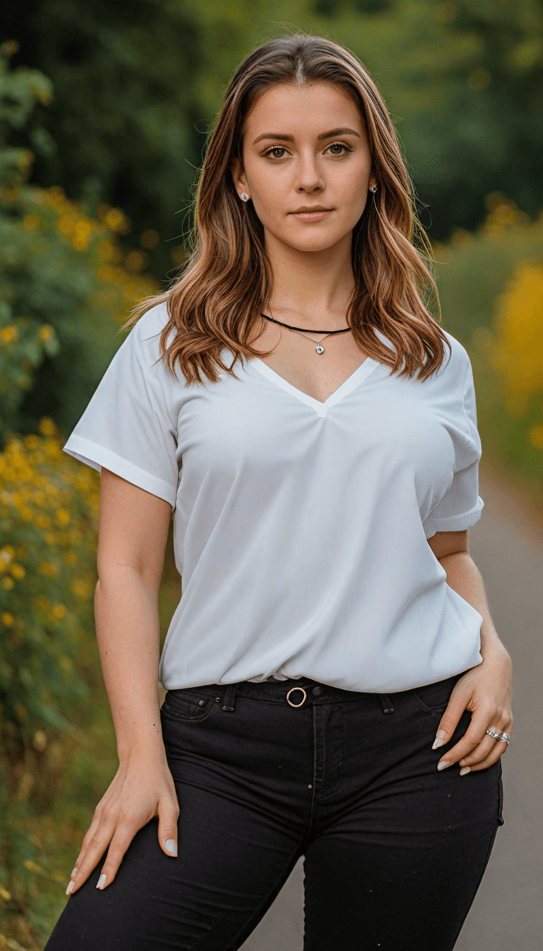 AI generated: The image features a beautiful young woman standing on a road.. She is wearing a white shirt and bla...