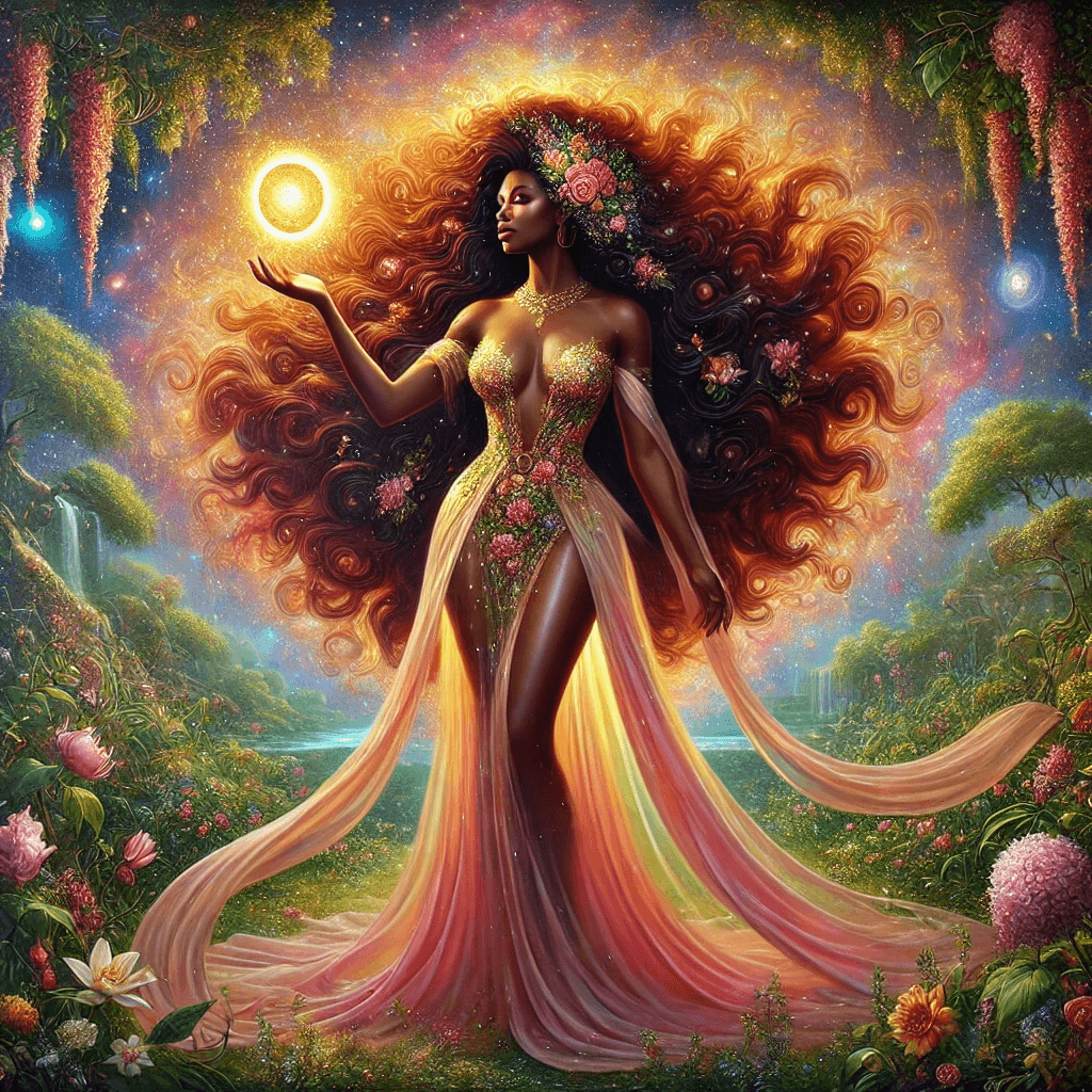 AI generated: A hyper-realistic oil painting of an African American goddess of love and fertility, standing regall...