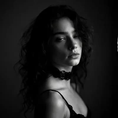 AI generated video: 18year old (woman:1.1) with (dark:1.2) wavy hair is totally in a completely (dark:1.1) open room wit...