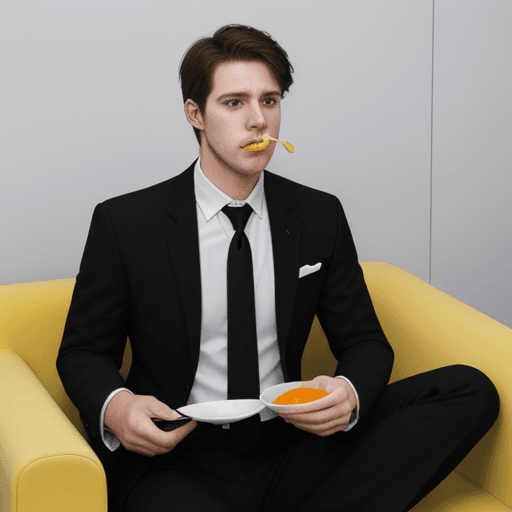 AI generated: White male, dressed in black suit jacket and tie eating soup sitting on a yellow  sofa
