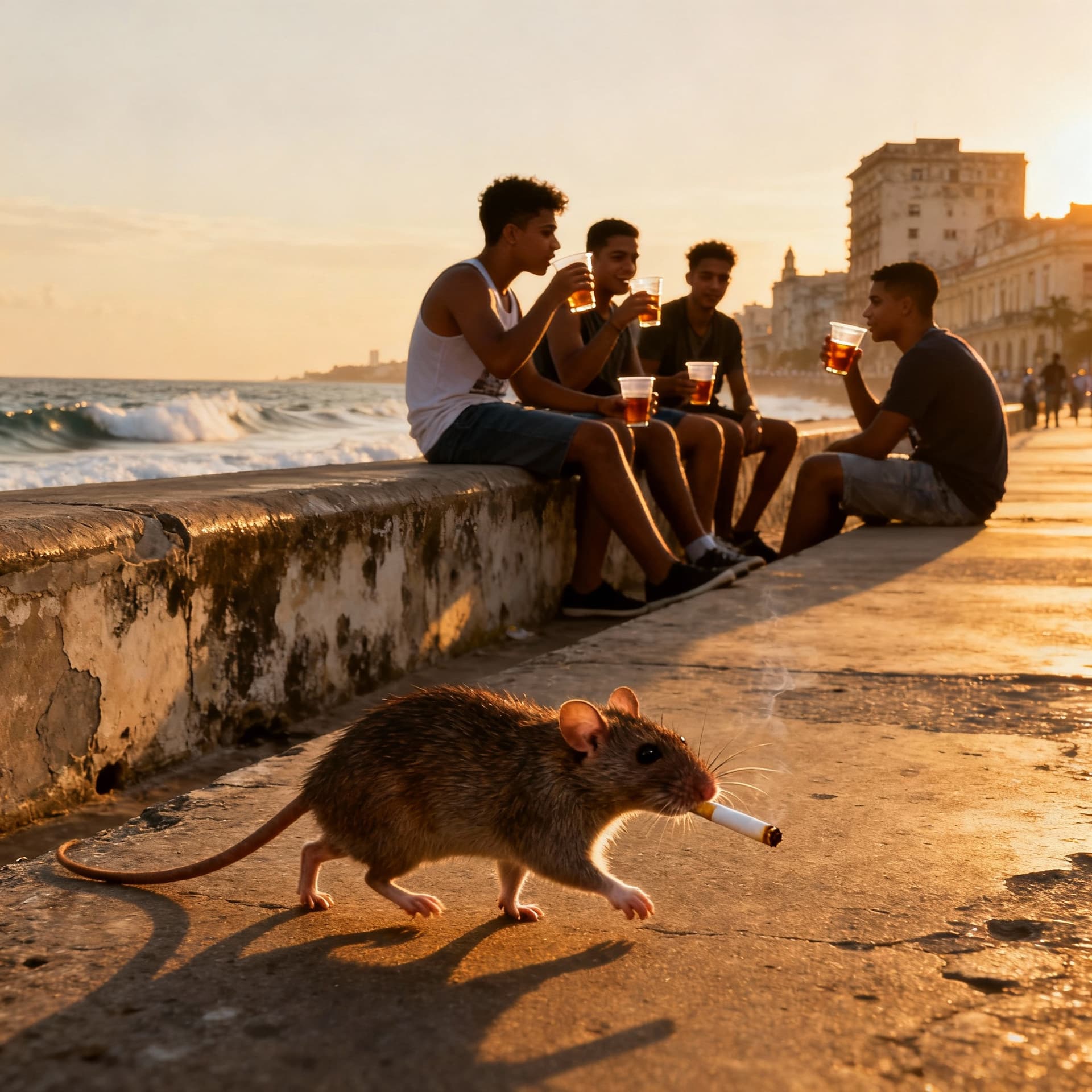 AI generated: un raton fumando pasea por el malecon de la Habana mientras observa jovenes bebiendo ron