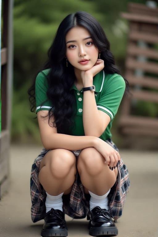AI generated: a gorgeous woman with long, wavy black hair and white skin. She is crouching, with one hand resting ...