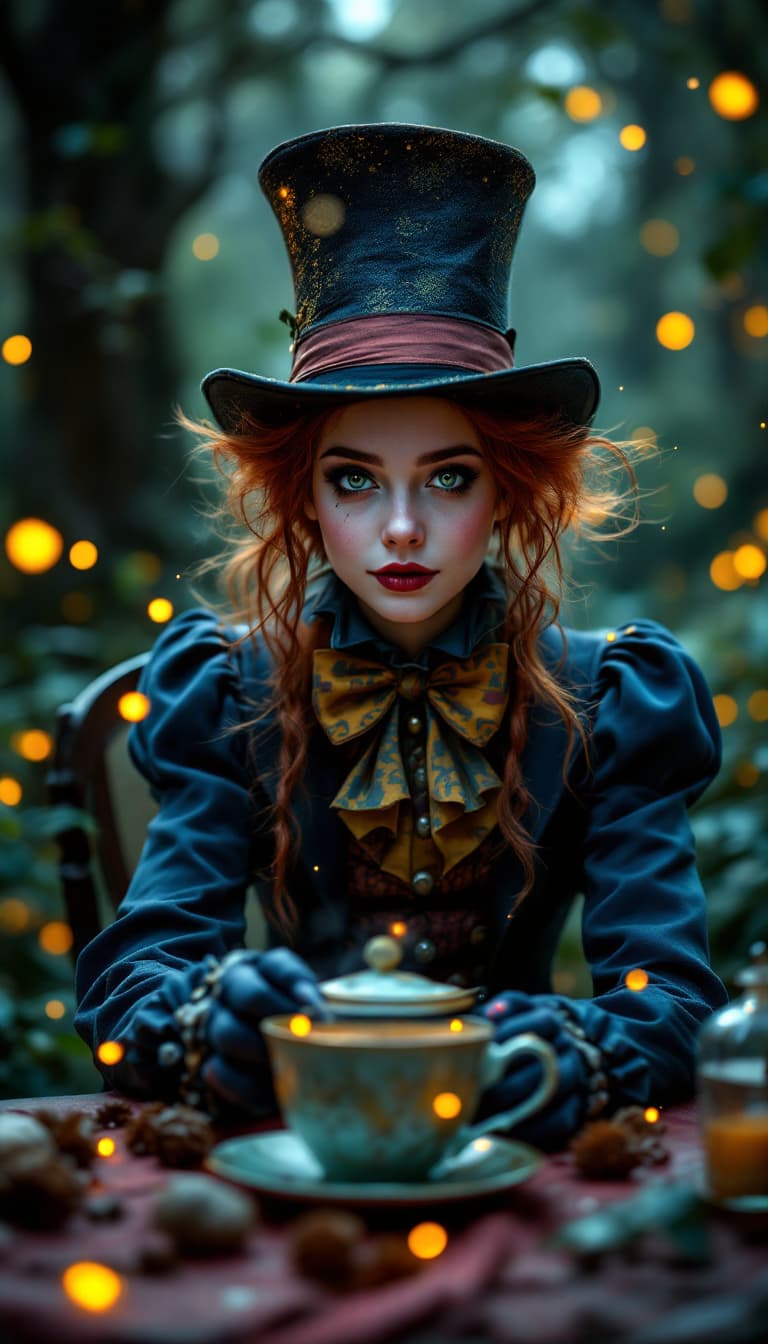 AI generated: a professional photo of a realistic of a pretty 16 year old christina dressed as the Mad Hatter is s...