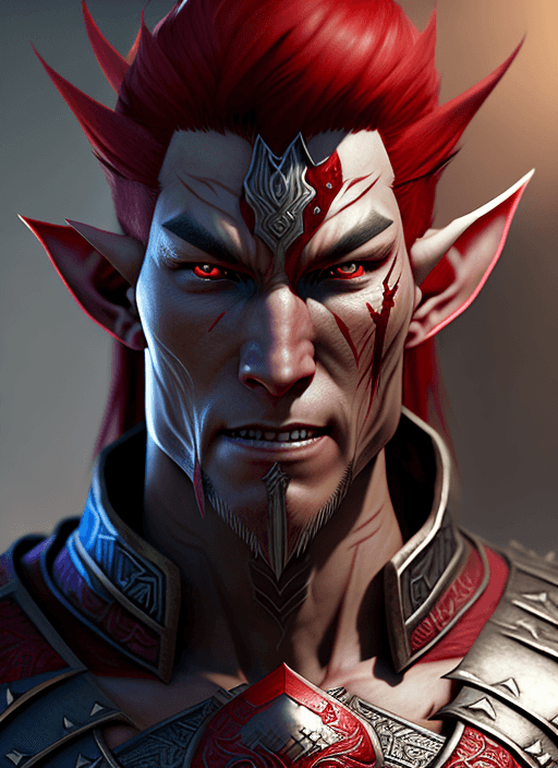 AI generated: evil male elf fighter with muscular grey skin and red hair, samurai armor, ultra realistic, concept ...