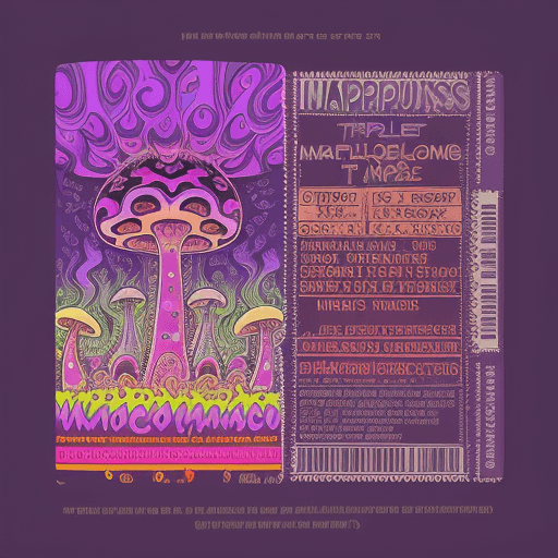 AI generated: Psychedelic ticket for a trip, hallucinogenic mushrooms, happiness, purple, name of the passenger Mi...