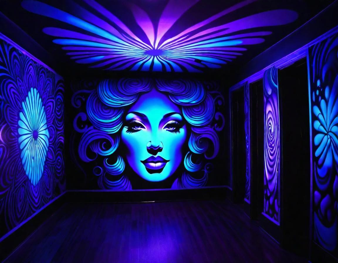 AI generated: "black light also known as Ultra Violet Light but as a MURAL facial airbrush art inside a room cover...