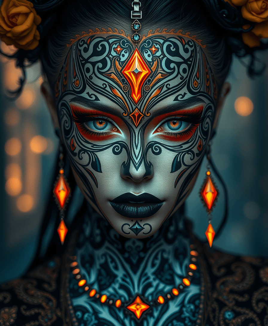 AI generated: This image features an individual adorned with intricate and opulent designs on their face. The blac...