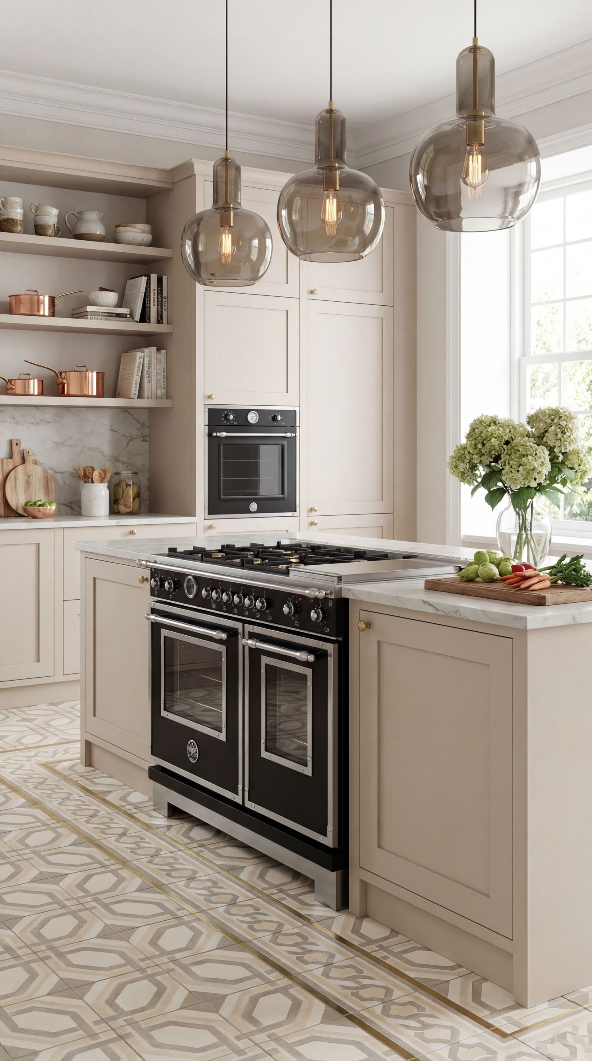 AI generated: turn into a lifestyle picture. Beautiful kitchen luxury beige  pastel color cabinets. Floor some lux...