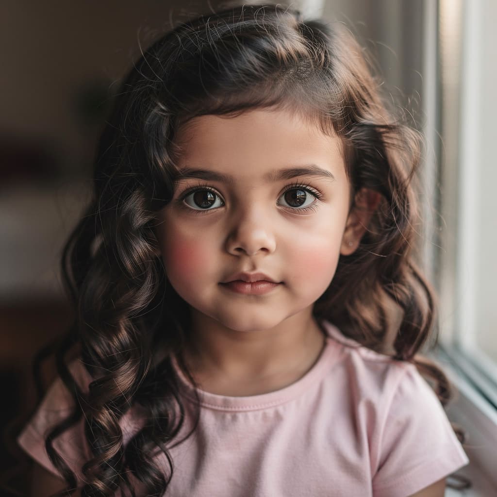 AI generated: a little girl with long curly dark hair, big dark eyes