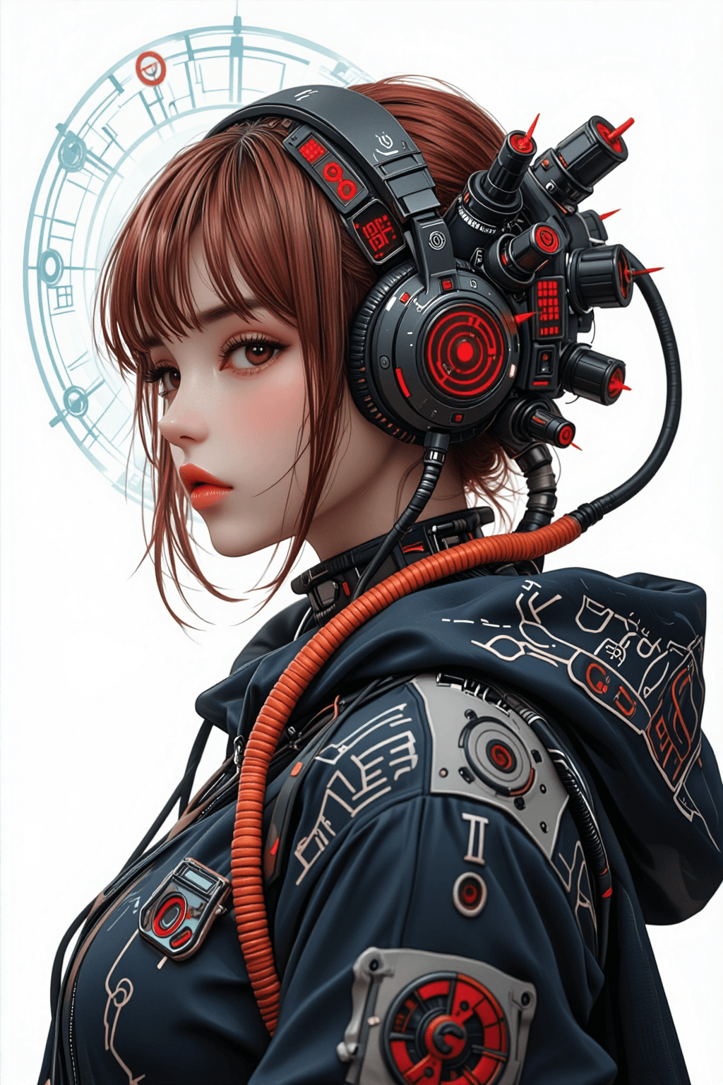 AI generated: A semi-realistic anime digital illustration of a young woman cyberpunk tech operator in pure side pr...