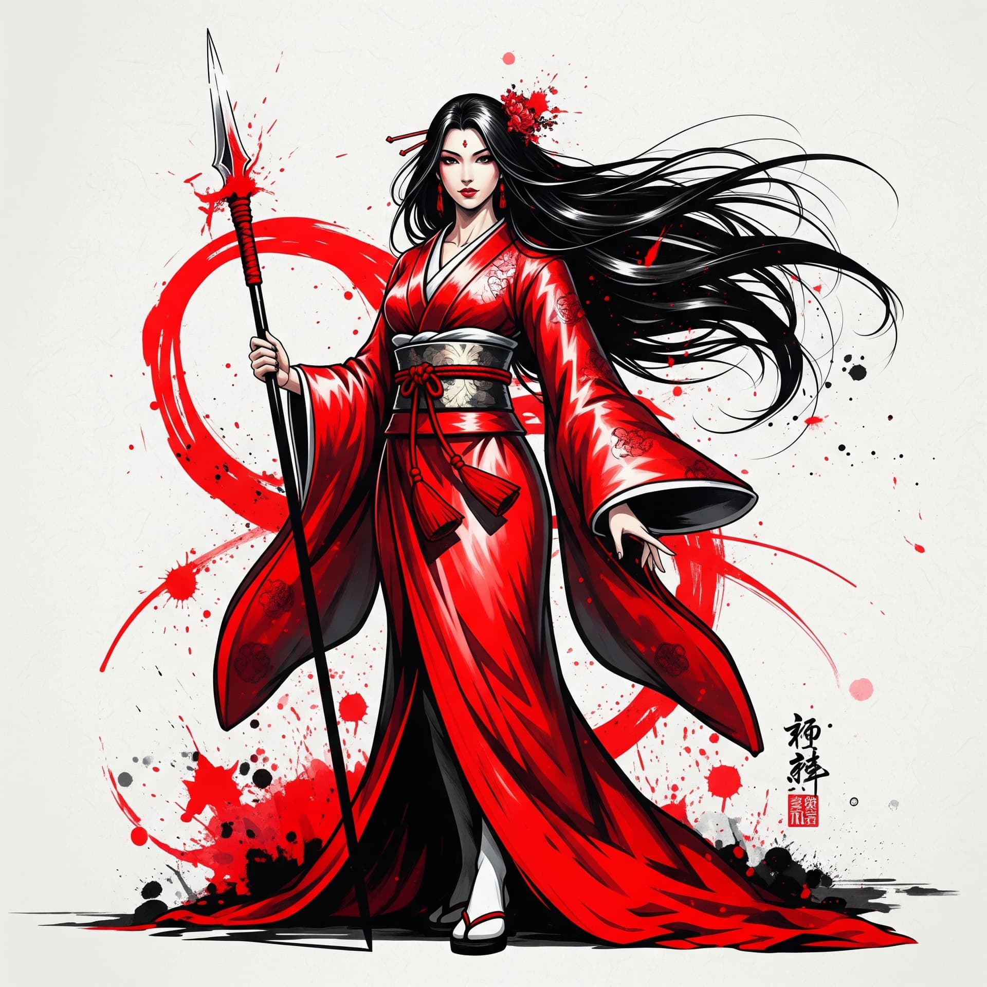 AI generated: Dynamic full-body portrait of a powerful woman with long, flowing black hair, in a traditional Japan...