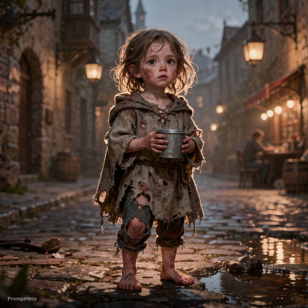 AI generated: a small beggar child from dungeons and dragons pretty girl poor homeless