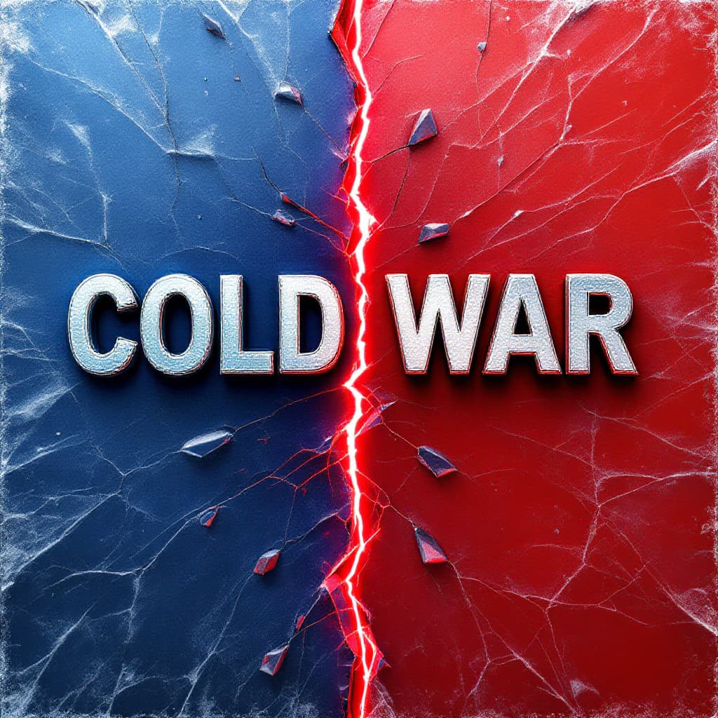 AI generated: 7.	"Cold War" in icy chrome, split by a glowing red crack, with US and USSR emblems on opposite side...