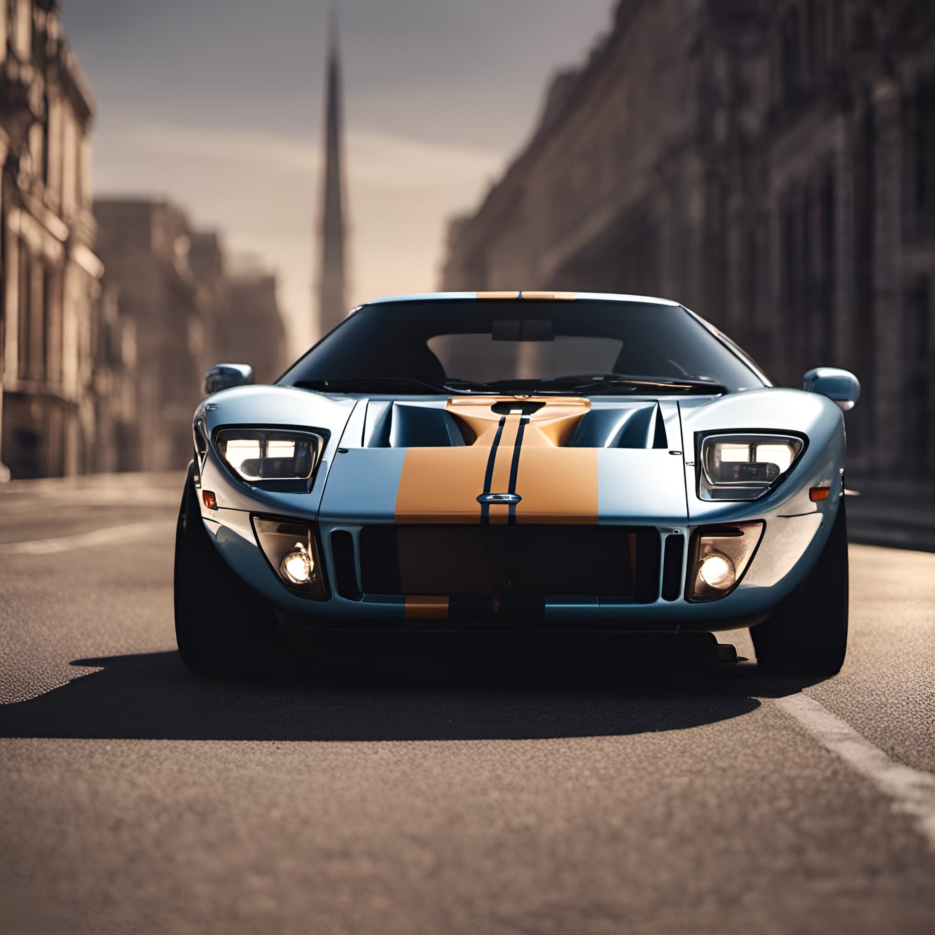 AI generated: Classic Ford GT, (detailed stunning environment), cinematic, cover art, (low front angle), full view...