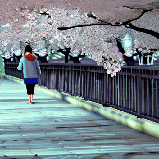 AI generated: two people walk the bridge under a large cherry blossom, in the style of atmospheric paintings, gray...