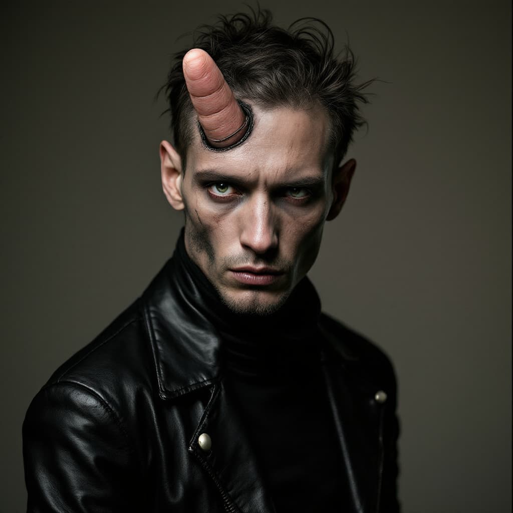 AI generated: A skinny male model dressed in leather. A finger is growing out of his forehead.
