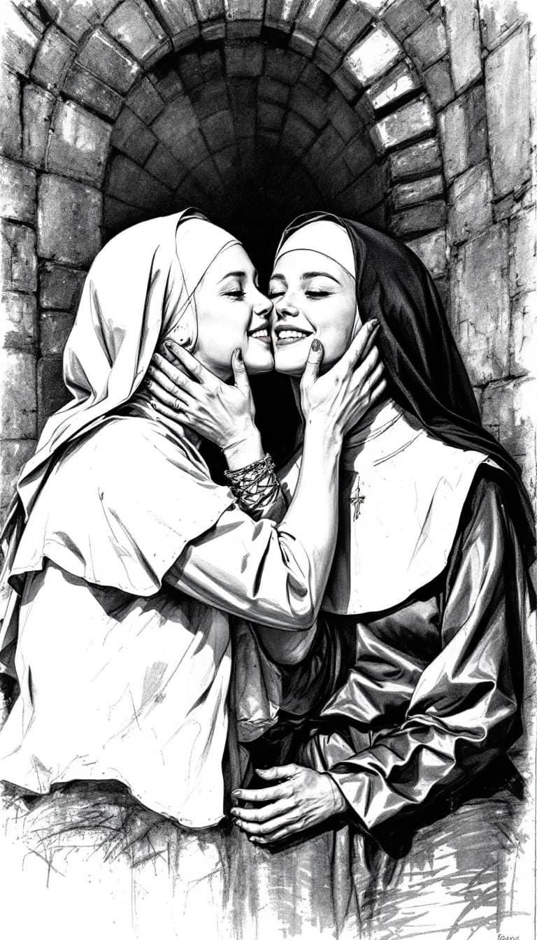 AI generated: Two young beautiful nuns they are wrestling and laughing, pencil drawing in style Adam Hughes --no t...
