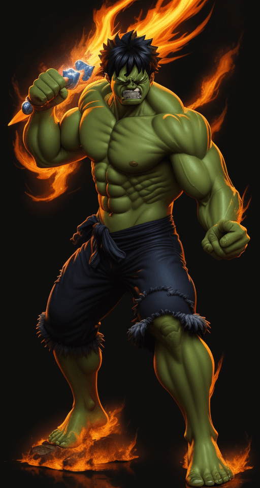 AI generated: Hulk, one piece character, symmetric body, wielding a trishula, full body, extremely detailed, cinem...