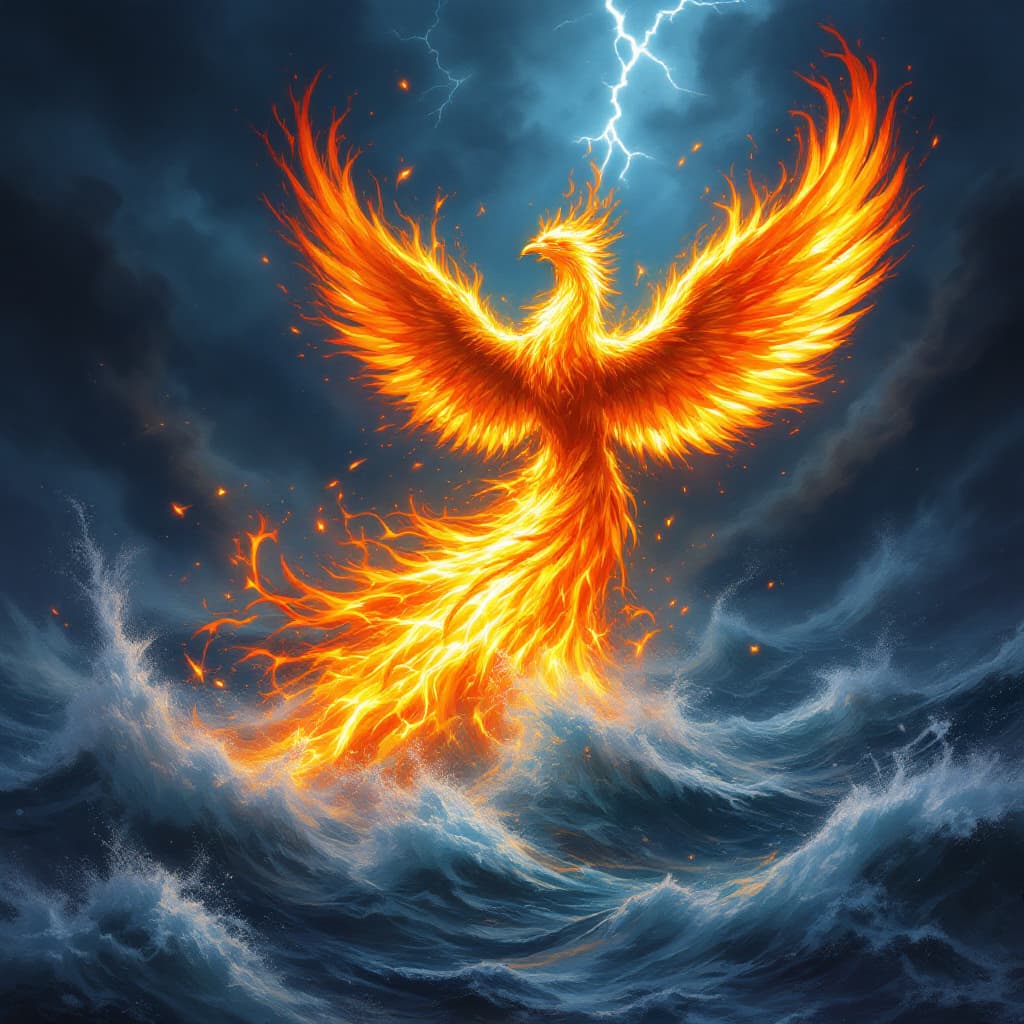 AI generated: Create a vivid and dynamic scene featuring a phoenix rising triumphantly from a turbulent sea. The p...