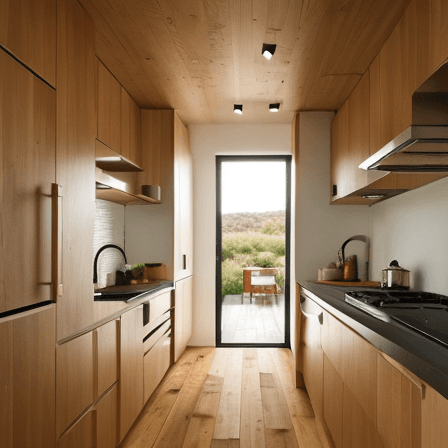 AI generated: interior design,kitchen,modern,wooden floor,taup walls,left door,sink under panoramic window,on the ...