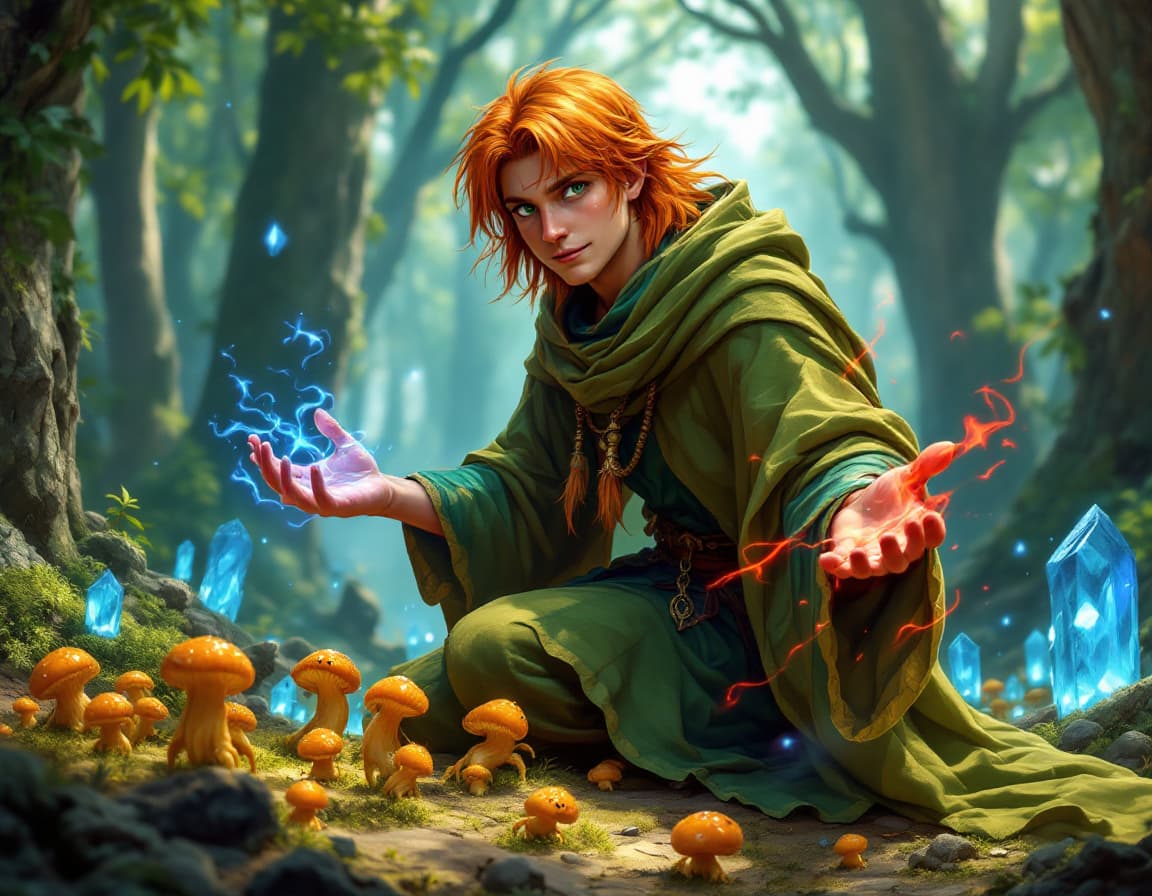 AI generated: Orange-haired wizard (straighter hair in a mullet and greenish eyes) in his early 20s with a kind fa...
