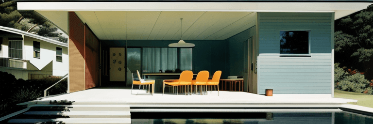 AI generated: Hyper realistic eye level exterior photo of a mid century modern style house overlooking the ocean, ...