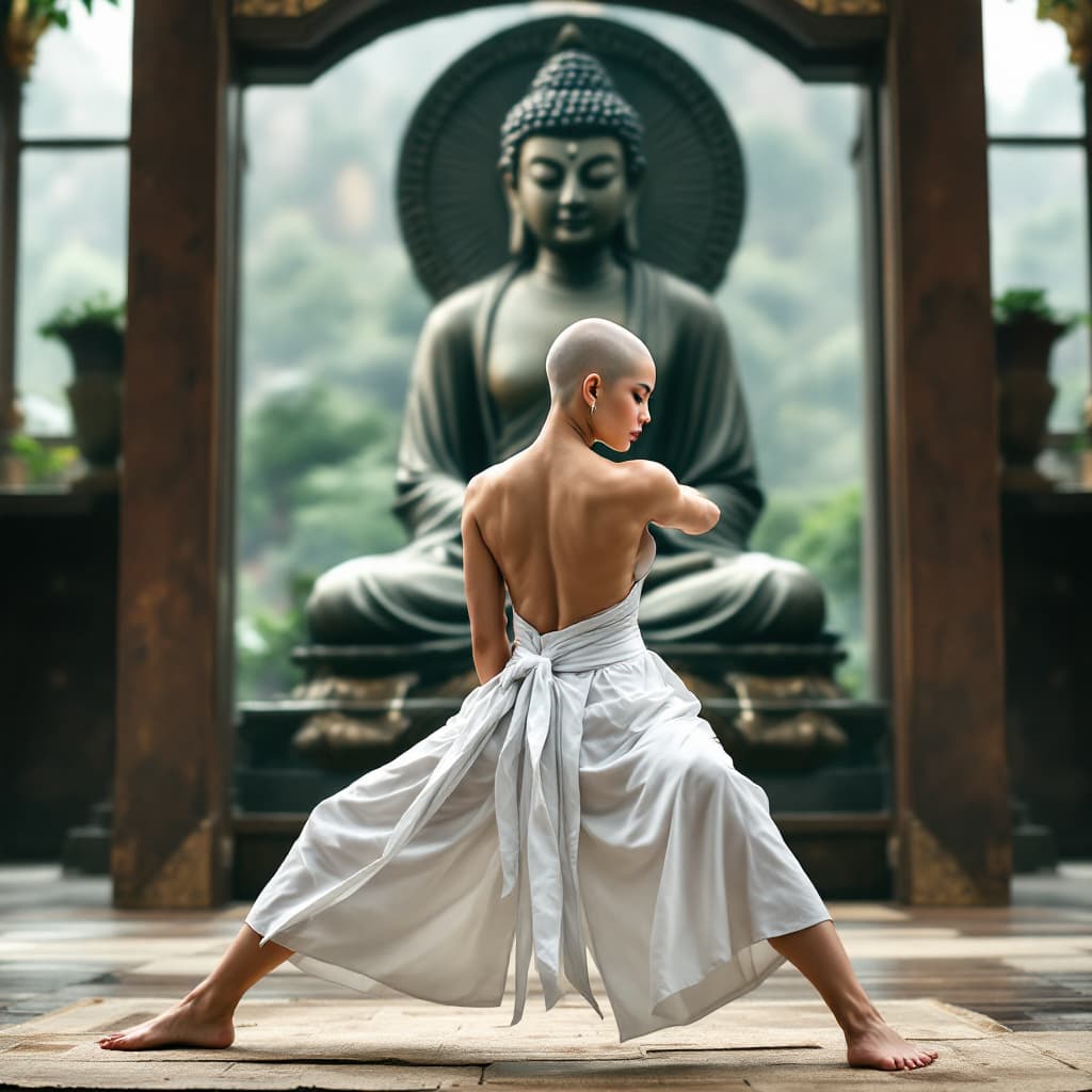 AI generated: Full body view of a bald beautiful asian woman, white band covering the chest, whithe skirt, barefoo...
