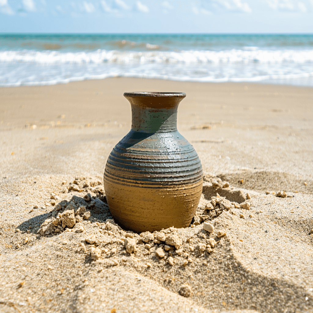 AI generated: Photo of a vase buried in the sand on a beach
