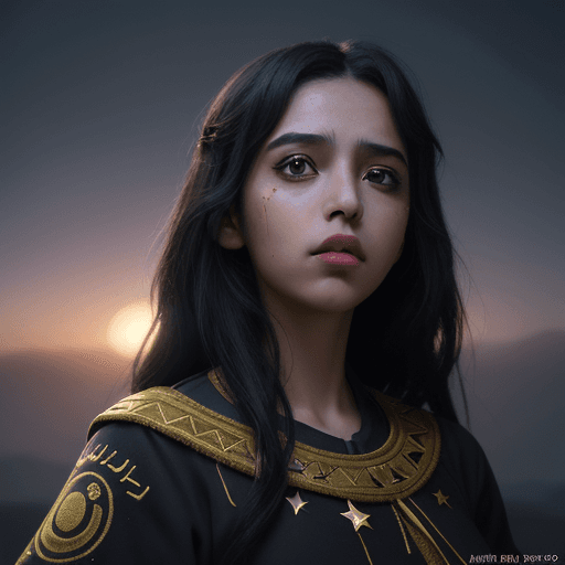 AI generated: Photo of an ultra-amazing logo like, a Libyan girl with dark night hair with stars in it, wearing Li...