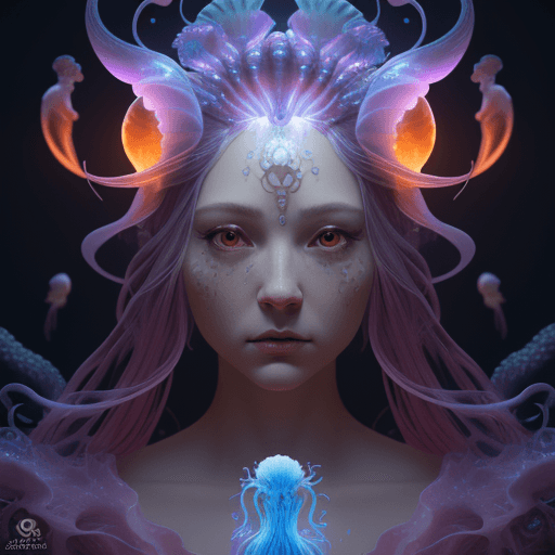 AI generated: Goddess close-up portrait ribcagel. jellyfish phoenix head, nautilus, orchid, skull, betta fish, bio...