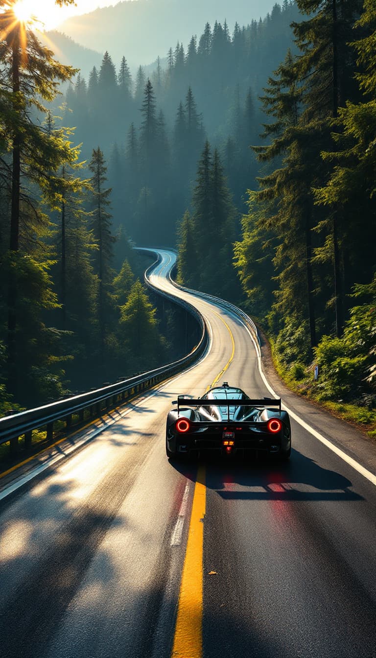 AI generated: Summer.  A racing car races along a race track. The route passes through the forest to the right acr...