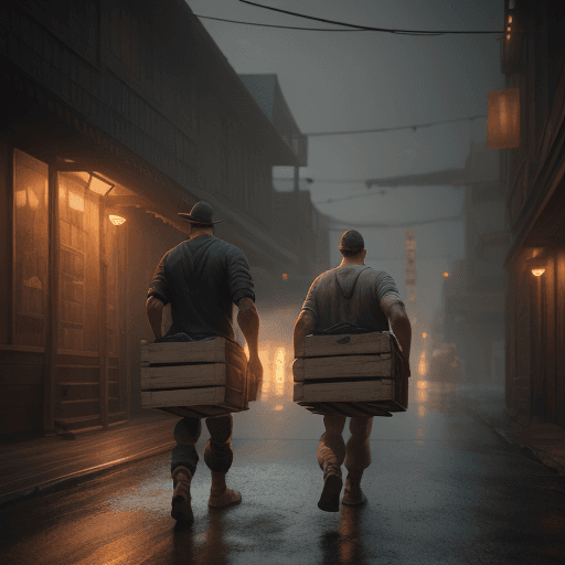 AI generated: 2 men carrying a wooden crate across the street, cinematic lighting, battered, trending on artstatio...