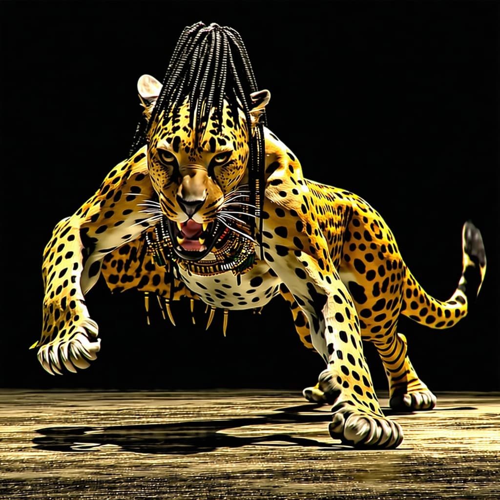 AI generated: Hyper-realistic cinematic 3D render of a feral leopard-woman in an aggressive combat stance, legs sp...