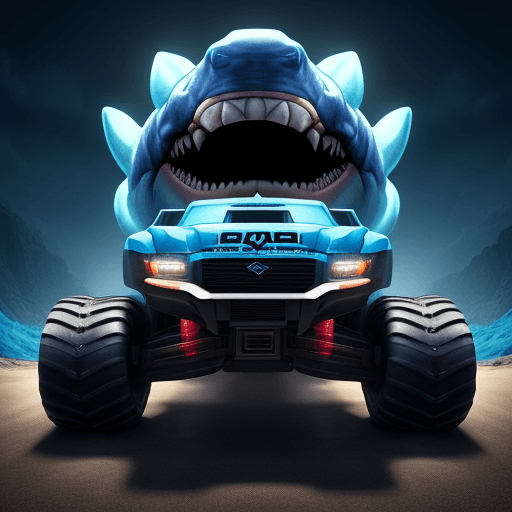 AI generated: Megalodon Monster truck with four wheels standing on a blue box that says "Megalodon," realistic sty...