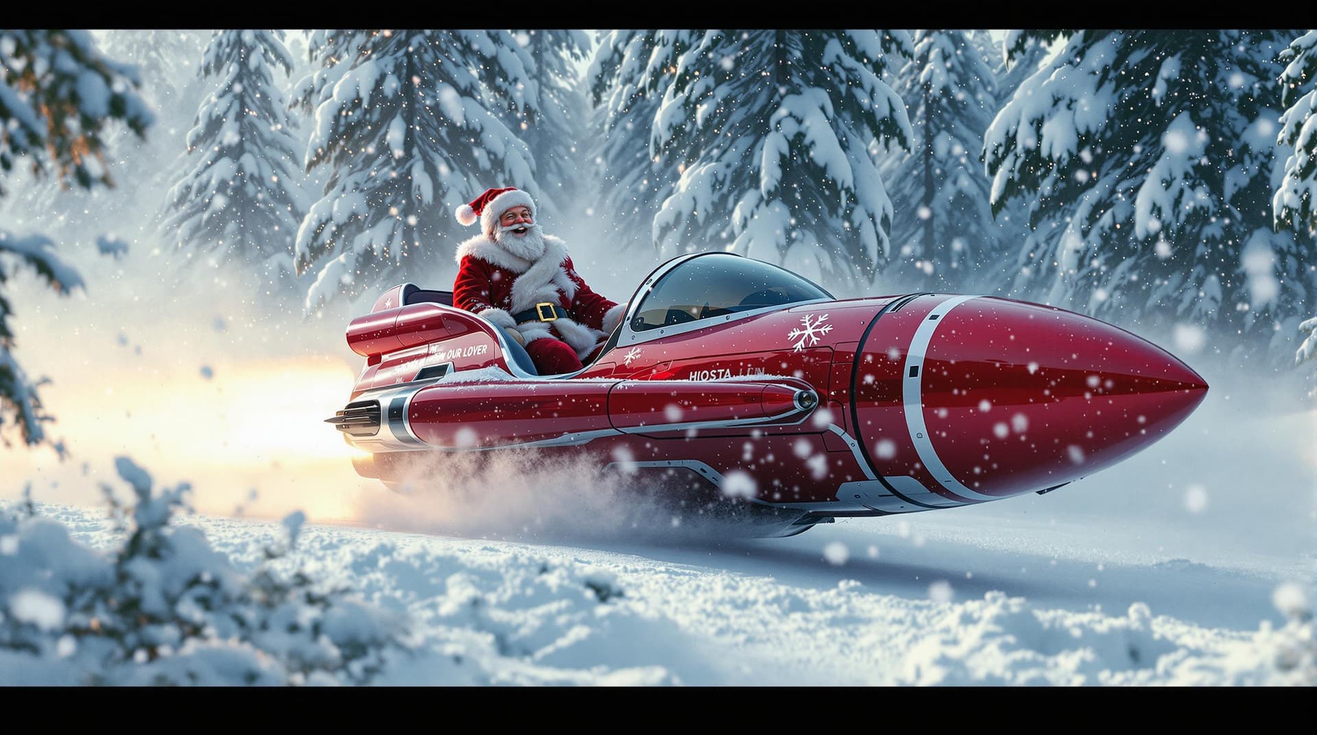 AI generated: Cinematic scene. Winter forest covered with snow. A painted red futuristic rocket powered sleigh ste...